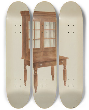 Triptych art skateboard deck of Harry King Walnut Desk And Bookcase by Harry King