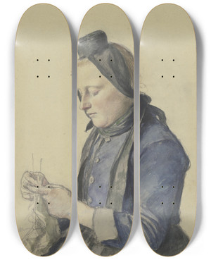 Triptych art skateboard deck of Jacob Happ Schwlmer Mdchen Strickend by Jacob Happ (1861-1936)