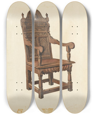 Triptych art skateboard deck of Lawrence Phillips Jacobean Armchair by Lawrence Phillips