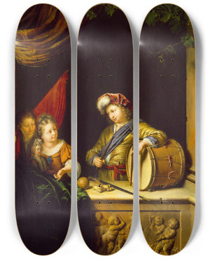Triptych art skateboard deck of Willem Van Mieris Childrens Games by Willem Van Mieris (1662-1747)