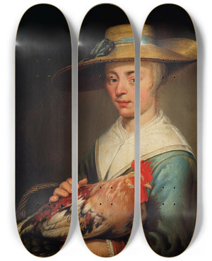 Triptych art skateboard deck of Jacob Gerritsz Cuyp A Young Woman Wearing A Straw Hat And Holding A Hen And A Basket Of Eggs by Jacob Gerritsz Cuyp (1594-1652)
