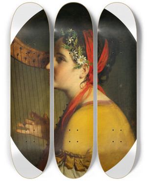 Triptych art skateboard deck of Friedrich Von Amerling Bildnis Einer Dame Mit Harfe by Friedrich Von Amerling (1803-1887)