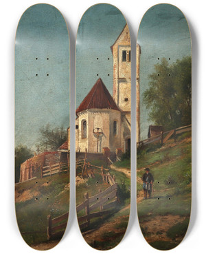 Triptych art skateboard deck of Ernestine Von Kirchsberg Dorfkirche by Ernestine Von Kirchsberg (1857-1924)