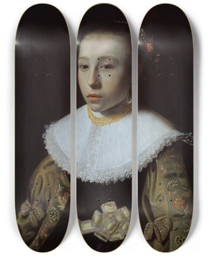 Triptych art skateboard deck of Pieter Dubordieu Portrait Of A Young Girl by Pieter Dubordieu (1609-1678)