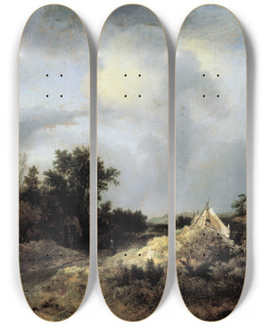Triptych art skateboard deck of Jacob Van Ruisdael Dune Landscape With Fence by Jacob Van Ruisdael (1628-1682)