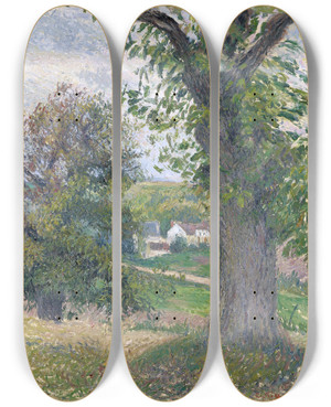 Triptych art skateboard deck of Camille Pissarro Chestnut Trees In Osny by Camille Pissarro (1830-1903)