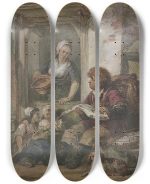 Triptych art skateboard deck of Abraham Van Strij Fishmonger And Maid At A Door by Abraham Van Strij (1753-1753)