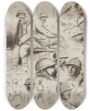 Triptych art skateboard deck of Georges Goursat Sem Croquis De Ttes Et De Deux Tlgraphistes by Georges Goursat (Sem) (1863-1934)