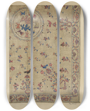Triptych art skateboard deck of Mary Berner Crewel Bedspread by Mary Berner