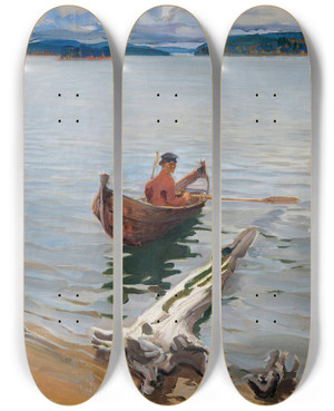 Triptych art skateboard deck of Akseli Gallenkallela Rower On The Lake by Akseli Gallen Kallela (1865-1931)