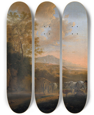 Triptych art skateboard deck of Jan Both Italian Landscape With An Oxcart by Jan Both (1618-1652)