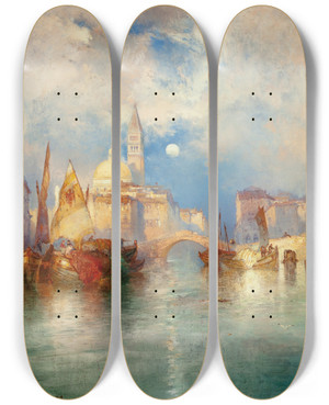 Triptych art skateboard deck of Thomas Moran Moonrise Chioggia Venice by Thomas Moran (1837-1926)