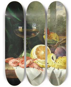Triptych art skateboard deck of Edward Ladell Still Life With Prawns by Edward Ladell (1821-1886)