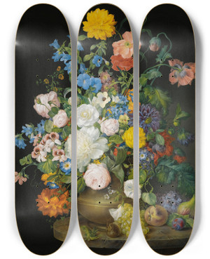 Triptych art skateboard deck of Franz Xaver Petter A Vase Of Camellias Geraniums Dahlias A White Peony Roses Poppies And Other Flowers With Fruit On A Stone Ledge by Franz Xaver Petter (1791-1866)
