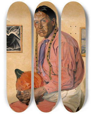 Triptych art skateboard deck of Walter Ufer Portrait Of A Man With A Pumpkin by Walter Ufer (1876-1936)
