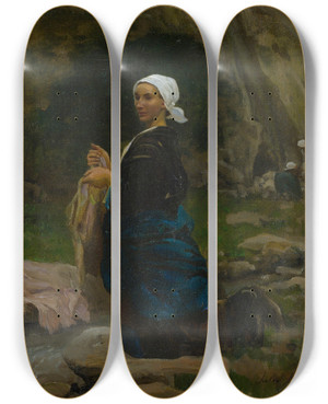 Triptych art skateboard deck of Jules Breton Brittany Washerwoman by Jules Breton (1827-1906)