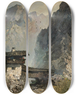 Triptych art skateboard deck of Oskar Mulley Im Hochtal by Oskar Mulley (1891-1949)