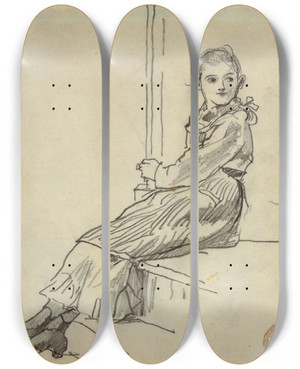 Triptych art skateboard deck of Winslow Homer Girl Seated On A Porch Step by Winslow Homer (1836-1910)