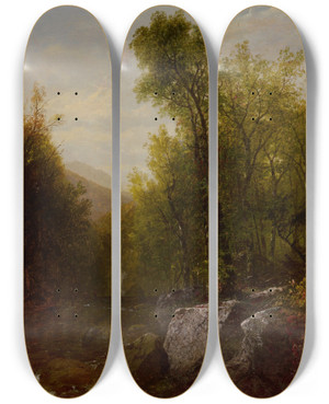 Triptych art skateboard deck of John Frederick Kensett Fishing Near A Forest Waterfall by John Frederick Kensett (1816-1872)