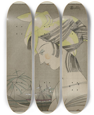 Triptych art skateboard deck of Charles Martin Le Madras Jaune Coiffure Pour Le Soir by Charles Martin (1884-1934)