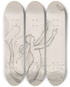 Triptych art skateboard deck of Signe Scheel Havfrue_2 by Signe Scheel (1860-1942)
