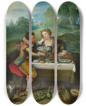 Triptych art skateboard deck of Frans Francken The Younger Taste by Frans Francken the Younger (1581-1642)