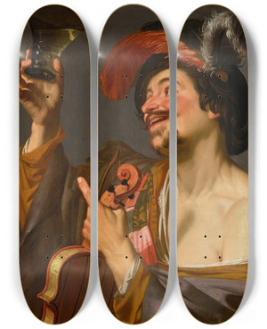 Triptych art skateboard deck of Gerard Van Honthorst A Merry Violinist Holding A Roemer by Gerard Van Honthorst (1592-1656)