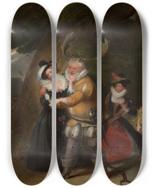 Triptych art skateboard deck of James Stephanoff Falstaff At Hernes Oak From The Merry Wives Of Windsor Act V Scene V by James Stephanoff