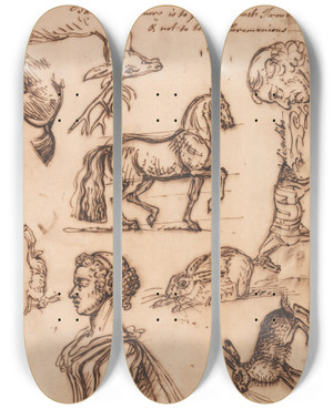 Triptych art skateboard deck of James Seymour Sketches Of A Hare Horse Stag Man And Woman by James Seymour (1697-1752)
