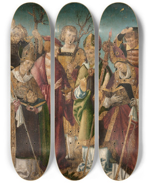 Triptych art skateboard deck of Hans Burgkmair The Elder Sieben Heilige Nothelfer by Hans Burgkmair The Elder (1473-1531)