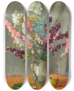 Triptych art skateboard deck of William Chadwick Pewter Mug With Delphiniums by William Chadwick (1879-1962)