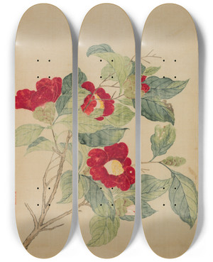 Triptych art skateboard deck of Ma Yuanyu Camellias by Ma Yuanyu (1669-1722)