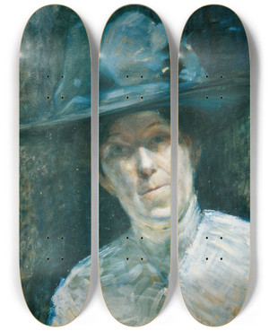 Triptych art skateboard deck of Ernestine Von Httenbrenner Dame Mit Blauem Hut by Ernestine Von Huttenbrenner (1874-1944)