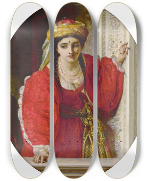 Triptych art skateboard deck of Abraham Solomon Juliet At Her Balcony by Abraham Solomon (1823-1862)