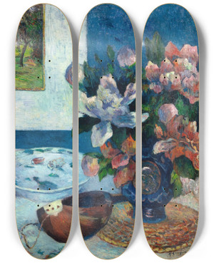 Triptych art skateboard deck of Paul Gauguin Nature Morte Avec Pivoines De Chine Et Mandoline by Paul Gauguin (1848-1903)