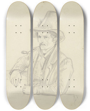 Triptych art skateboard deck of Karl Sandhaas Junger Bauer Mit Pfeife An Einem Tisch Sitzend by Karl Sandhaas (1801-1859)