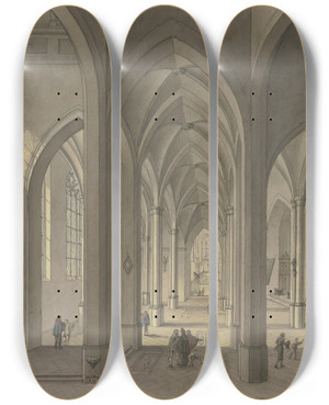 Triptych art skateboard deck of Johann Ludwig Ernst Morgenstern Blick In Den Chor Einer Dreischiffigen Gotischen Hallenkirche Mit Staffagefiguren In Der Tracht Des 17 Jahrhunderts by Johann Ludwig Ernst Morgenstern (1738-1819)