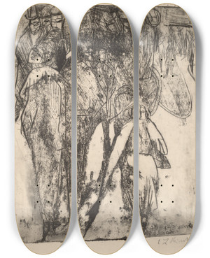 Triptych art skateboard deck of Ernst Ludwig Kirchner Street Scene With An Omnibus by Ernst Ludwig Kirchner (1880-1938)