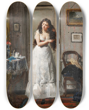 Triptych art skateboard deck of Victor Gabriel Gilbert At Her Toilette by Victor Gabriel Gilbert (1847-1933)