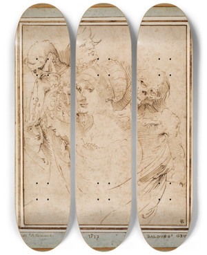Triptych art skateboard deck of Hans Baldung Studienblatt Mit Sieben Kpfen Darunter Der Tod by Hans Baldung (1484-1545)