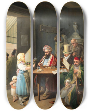 Triptych art skateboard deck of Theodor Leopold Weller Griechen Und Trken In Einem Wiener Kaffeehaus by Theodor Leopold Weller (1802-1880)
