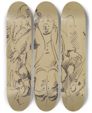Triptych art skateboard deck of Wilhelm Busch Frau Knopp Flstert Ihrem Mann Etwas Ihn Berraschendes Ins Ohr by Wilhelm Busch (1832-1908)