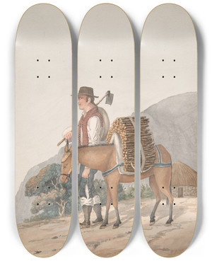 Triptych art skateboard deck of Alfred Diston Firewood Seller Tenerife by Alfred Diston (1793-1861)