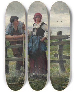 Triptych art skateboard deck of Julien Dupr The Gossip by Julien Dupre (1851-1910)