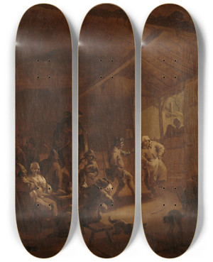 Triptych art skateboard deck of Nicolaes Pietersz Berchem Peasants Dancing In A Barn by Nicolaes Pietersz Berchem (1620-1683)