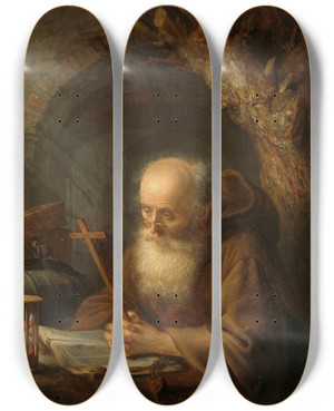 Triptych art skateboard deck of Gerrit Dou A Hermit_1 by Gerrit Dou (1613-1675)
