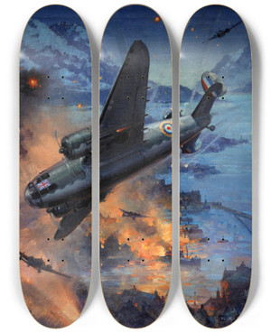 Triptych art skateboard deck of Charles E Turner Bombing Scene Description Hudson Bombers On A Coastal Raid by Charles E Turner (1883-1965)