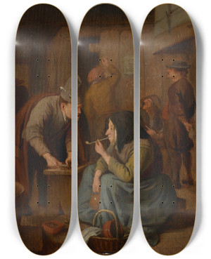 Triptych art skateboard deck of Jan Steen A Tavern Interior With A Woman Smoking A Pipe And A Man Cutting Tobacco by Jan Steen (1626-1679)
