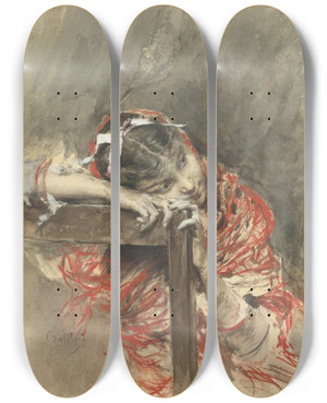 Triptych art skateboard deck of Giovanni Boldini A Girl Wearing A Red Shawl by Giovanni Boldini (1842-1931)