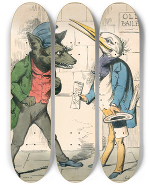 Triptych art skateboard deck of Charles Henry Bennett The Wolf And The Crane by Charles H Bennett (1828-1867)